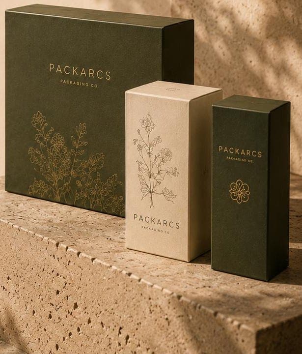 Green and cream rigid boxes with gold botanical foil on a stone ledge