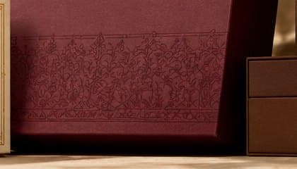 Close view of a tone-on-tone debossed floral border on maroon board