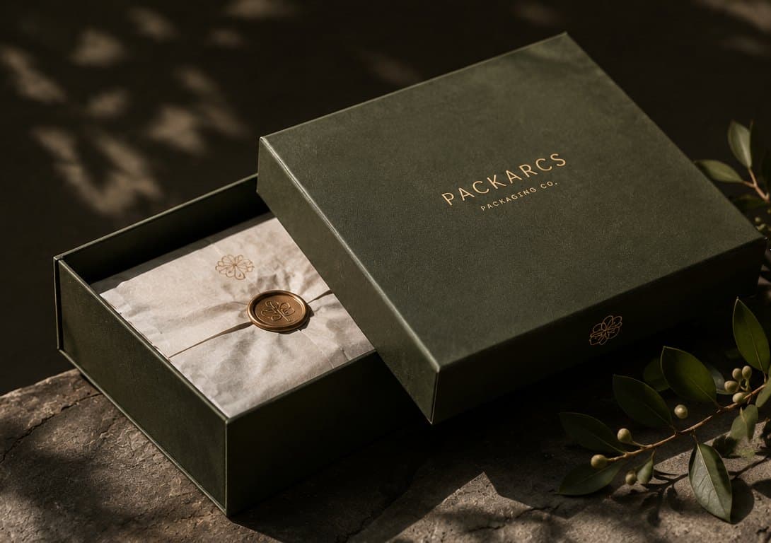 Forest green drawer box with the tray pulled out, tissue closed with a bronze wax seal