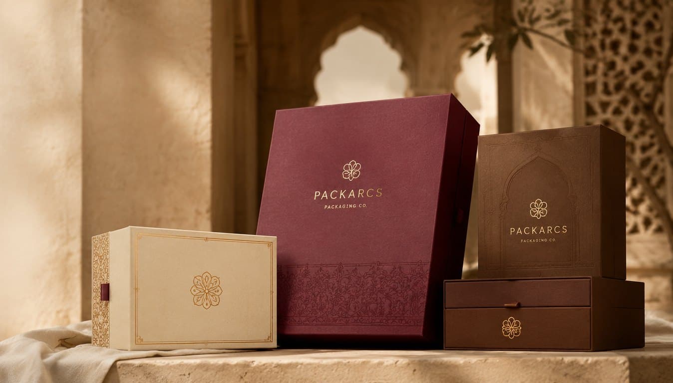 Maroon and brown heritage-pattern rigid boxes set beneath a carved stone arch