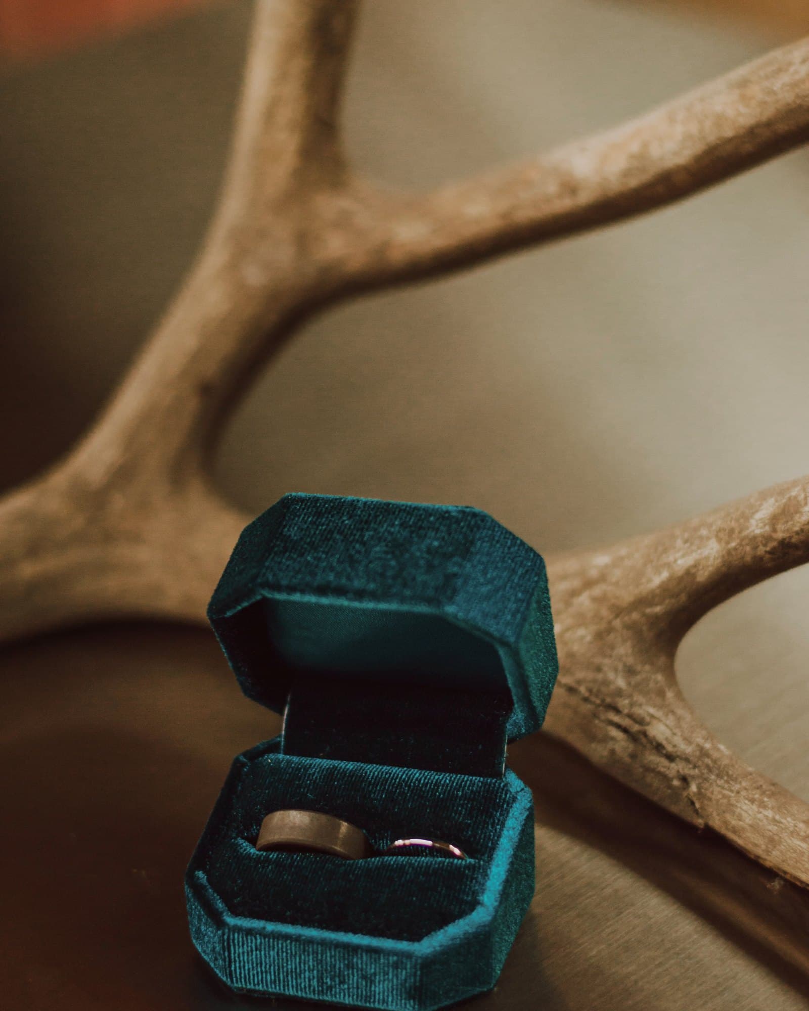 Teal velvet ring box holding two gold bands