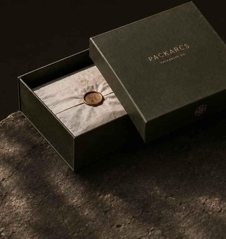 Forest green drawer box opened to show tissue sealed with a bronze wax seal