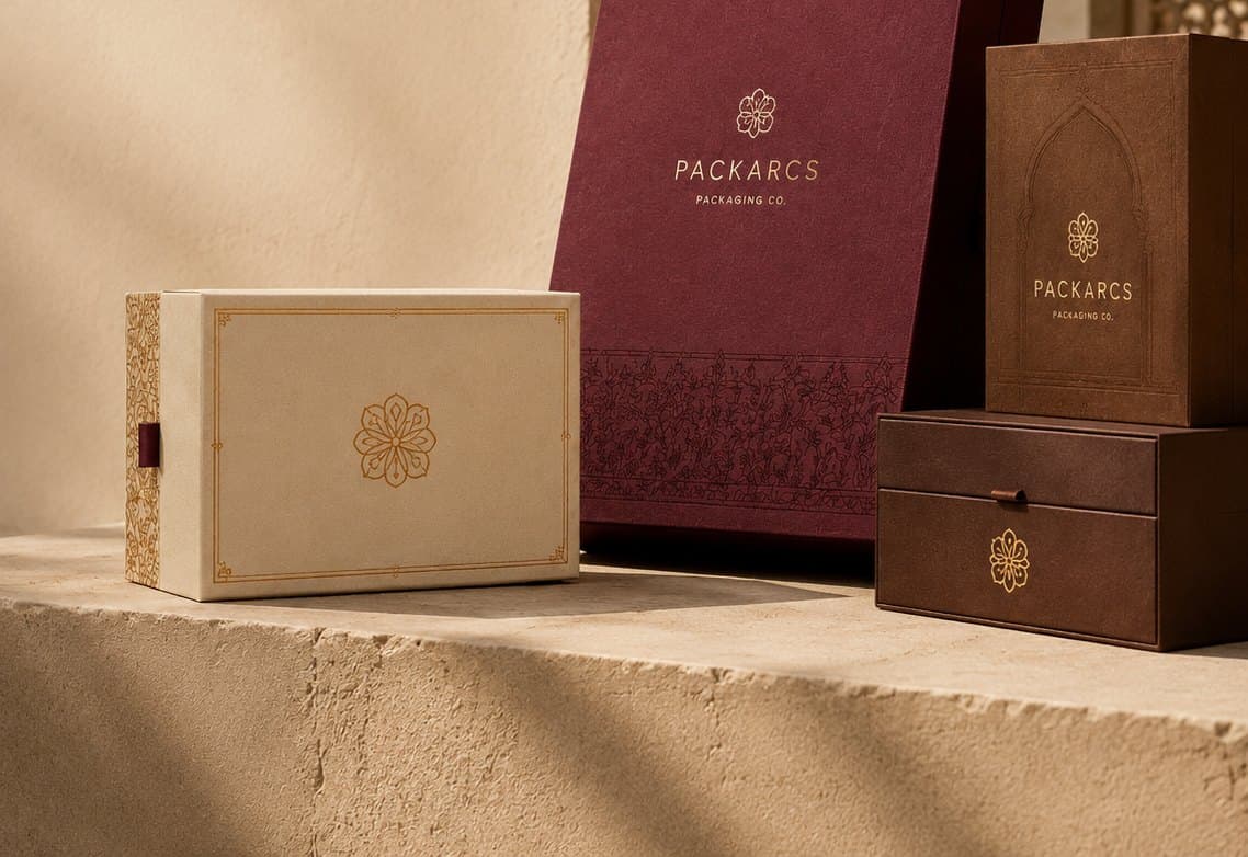 Maroon, cream and brown rigid boxes with gold mandala foil