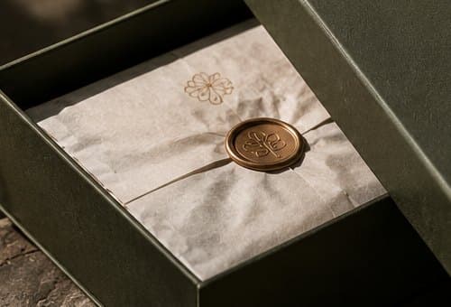Bronze wax seal on cream tissue inside a green box